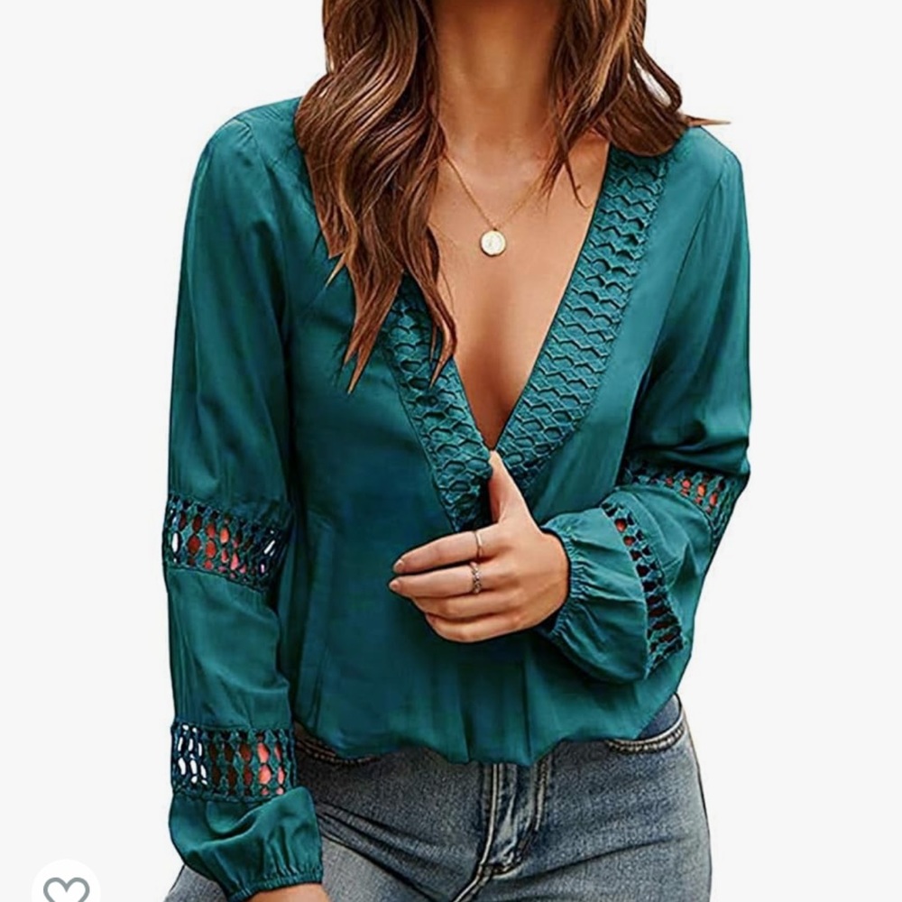 Viracy Womens V Neck Lantern Long Sleeve Blouse Hollow Out Casual Top SZ Large